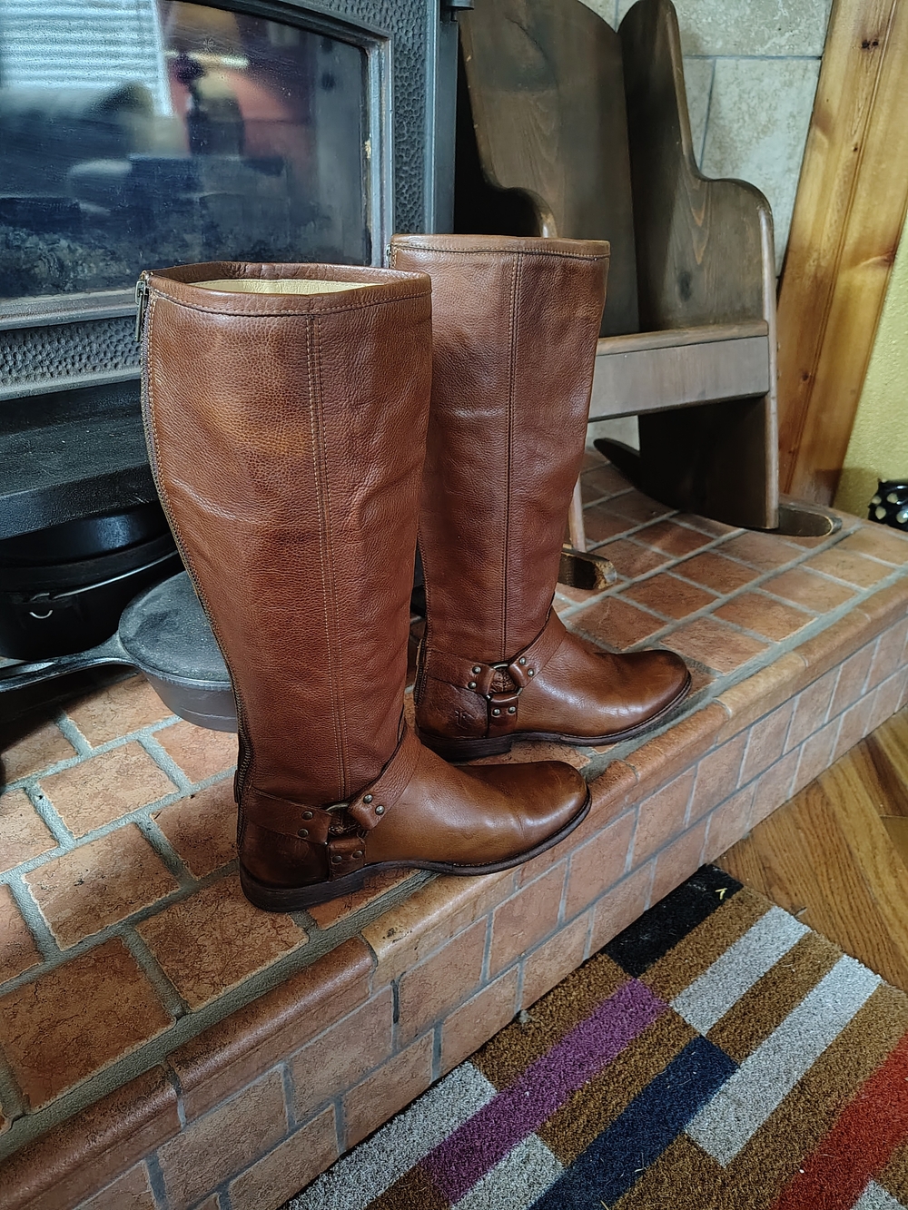 Frye Cognac Brown Leather Harness Knee Boots
